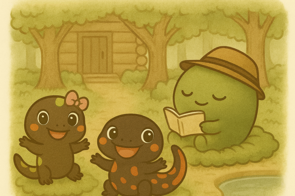 ログハウスの前で本を読む妖精と、笑顔で寄り添うアカハライモリとマダライモリのキャラクターたち