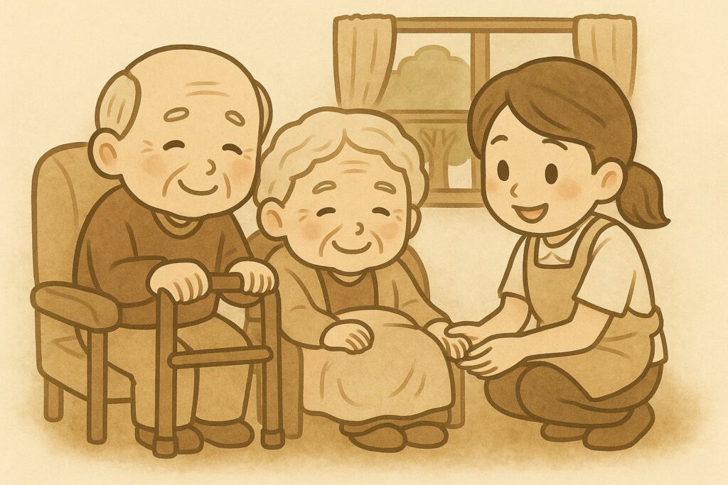 笑顔の高齢者夫婦と寄り添う介護士のイラスト