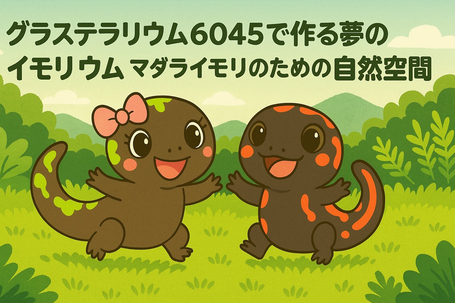 マダラちゃんとシリケンくんがホソバオキナゴケの原っぱで遊ぶ可愛いイラスト風アイキャッチ画像