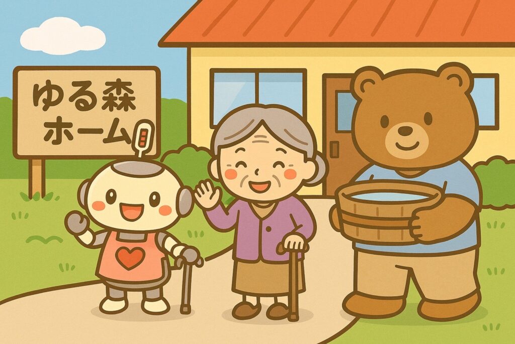 ゆる森ホームの前で笑顔の介護キャラクターたちが並んでいるイラスト