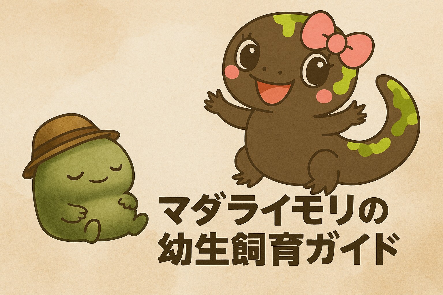 キャラクターのもけログとマダラちゃんが並んで微笑み、「マダライモリの幼生飼育ガイド」という文字が描かれているイラスト